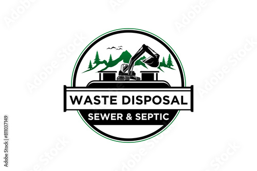 Waste disposal logo design septic tank construction services vector illustration rounded badge shape. With excavator element.