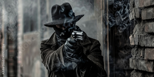 A man in dark clothing and a hat holding a revolver in a dramatic noir style. Symbolizes tension, mystery, and action. Perfect for campaigns focused on movies, detective stories, and action scenes