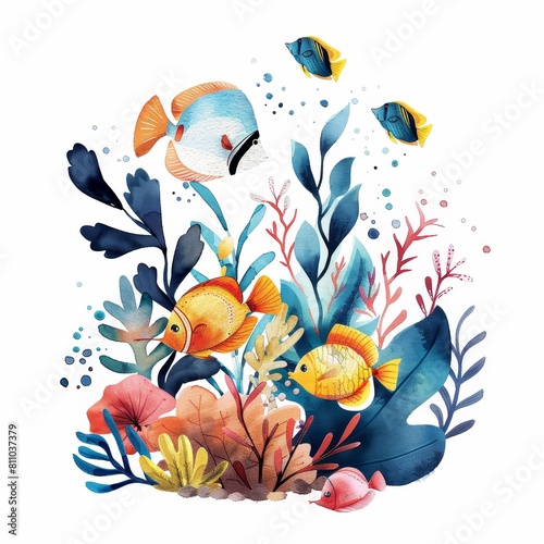 A painting of fish in a coral reef with a blue background