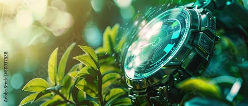 Photo of a futuristic smartwatch displaying hologram, set against vibrant green tones, worn in an urban park, banner for advertise