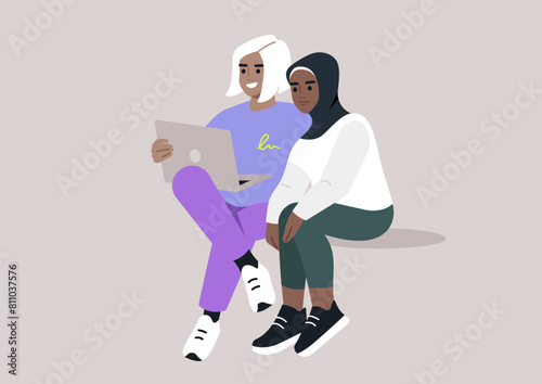 University Friends Sharing a Moment During a Study Break, Two student girls enjoying a relaxed moment with a laptop at college