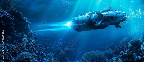 Realistic photo of an underwater robotic explorer with hologram, radiating in oceanic blue tones, navigating a coral reef, banner for advertise