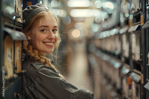 Young smiling blonde woman in uniform working in a storage room photo