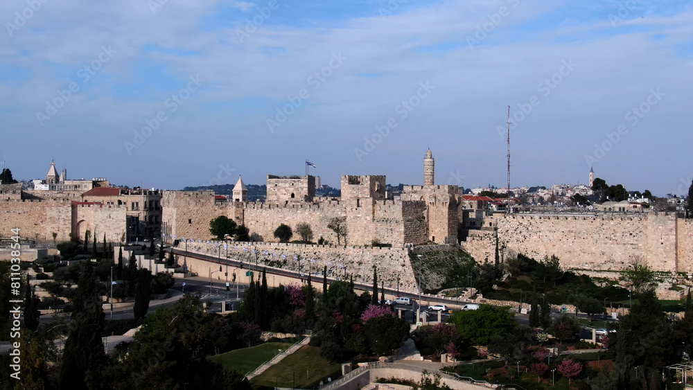 The old city of Jerusalem wall and David tower, aerial
Drone view from east Jerusalem old city and golden dome of the rock, may 2022 sunset
