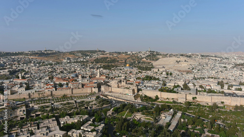 Jerusalem Old city panorama, aerial, 2022 Drone view from Jerusalem Old city Al Aqsa Mosque and Jewish Kotel western wall, June, 2022  © ImageBank4U