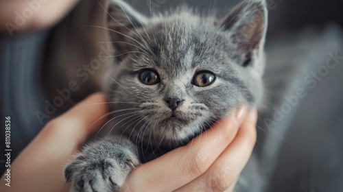 A woman is holding a gray kitten in her hands. The kitten is looking at the camera with its big green eyes.