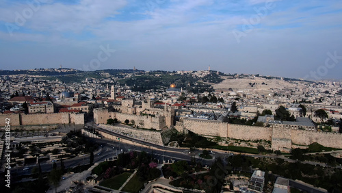 The old city of Jerusalem wall and David tower, aerial Drone view from east Jerusalem old city and golden dome of the rock, may 2022 sunset 