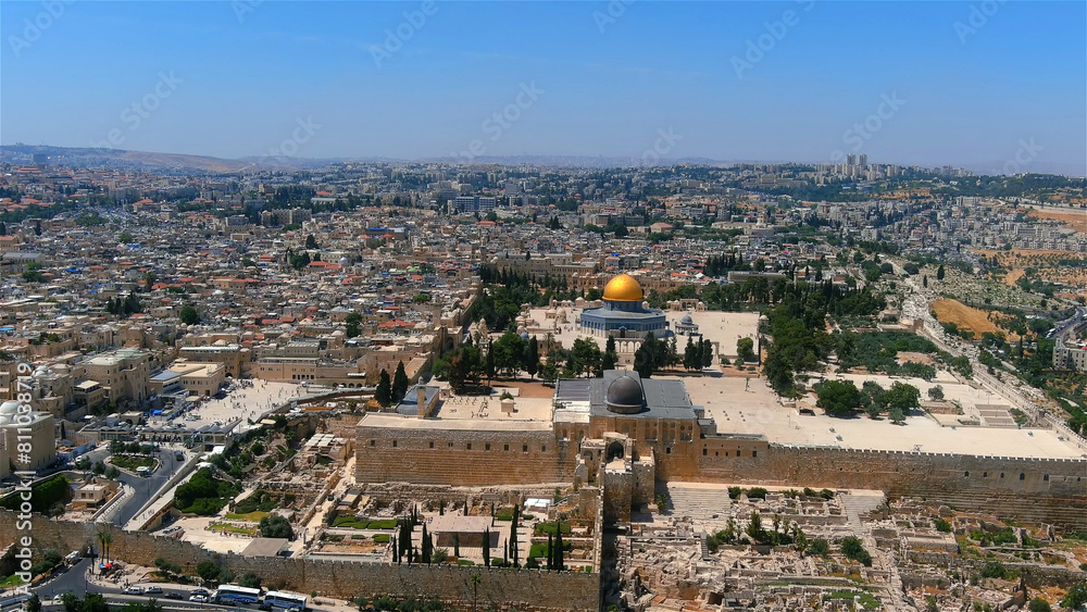 Drone and unique shot from Jerusalem in summer of 2022, golden domw of the rock, israel Drone and unique shot from Jerusalem in summer of 2022, golden domw of the rock, israel