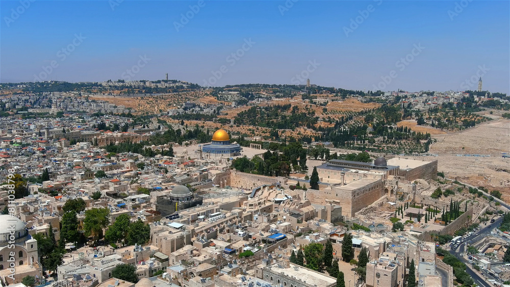 Drone and unique shot from Jerusalem in summer of 2022, golden domw of the rock, israel