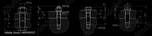 Vector engineering cad drawing of mechanical part (steel bolt)
with thread. Computer design of machine parts
with through hole, bolted connection 
and dimension lines. Technical background.