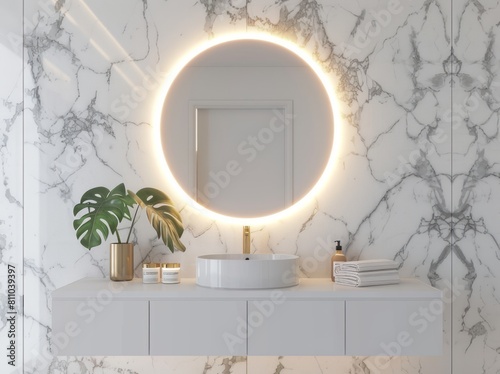Modern bathroom interior with white marble wall  round mirror and floating vanity in light gray color with brass elements