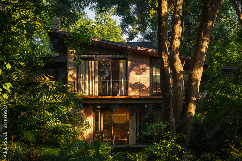 house in the forest, The house is nestled amidst a picturesque setting, surrounded by lush trees and verdant foliage that lend a sense of tranquility and serenity to the scene