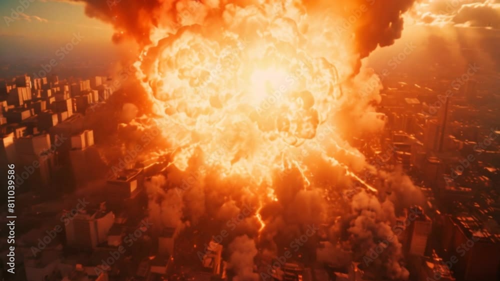 nuclear huge explosion in the city, aerial view. slow motion. 