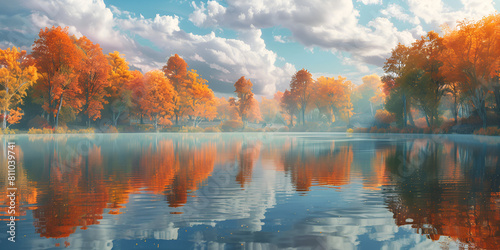 A Quiet Lake Embraced by Autumnal Trees,scenery, woodlands, crisp, fresh, panorama, rural, sunny, day, 