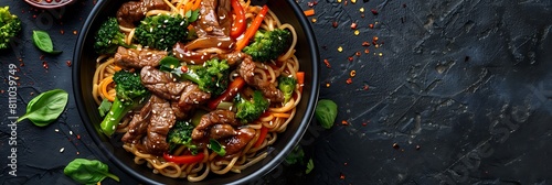 Fresh Beef and broccoli noodle stir fry with hoisin sauce, realistic food banner, top view with copy space