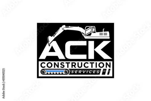Logo design of an excavator at a construction site with the initials letters ACK, Heavy equipment work earth mover.