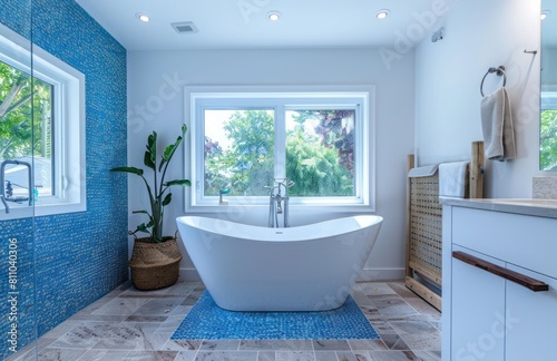 The interior of a modern bathroom with a freestanding bathtub as the centerpiece  surrounded by clean white walls and captivating blue mosaic tiles  offering a spa-like atmosphere at home