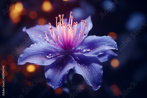 Closeup of an indigo flower with dewdrops, illuminated by soft light against a dark background. The delicate petals and vibrant color create a dreamy atmosphere.
