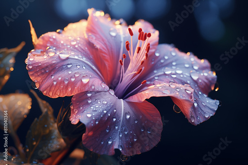 Beautiful hibiscus flower with dew drops on the petals, closeup, macro photography photo, soft lighting, dark background, pink and purple colors.