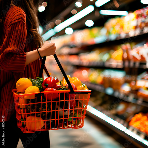 A woman in a grocery store is holding shopping basket and lookind at some products, blurred background photo