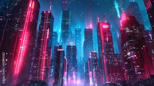 A futuristic cityscape rendered in bold  neon colors against a dark  starry sky. 