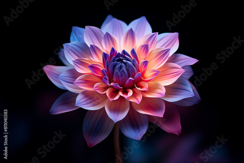 A dahlia flower in full bloom, with petals that transition from purple to pink and orange against a dark background.