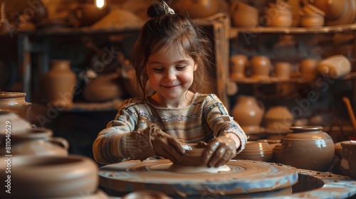A happy child is engaging in the pottery hobby, shaping clay on a spinning wheel with a background of ceramic items.