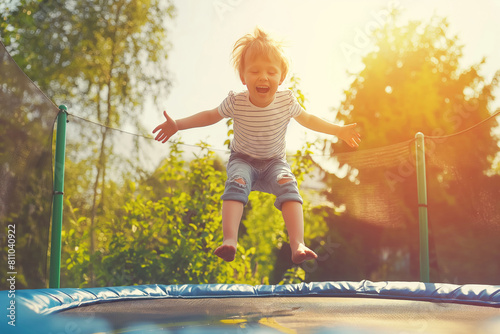 Little girl jumping on a trampoline outdoors on a sunny summer day. Sports and outdoor activities for children photo