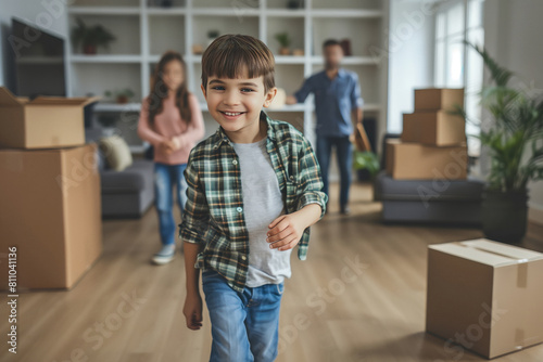 Happy family unpacking boxes in new home on moving day.