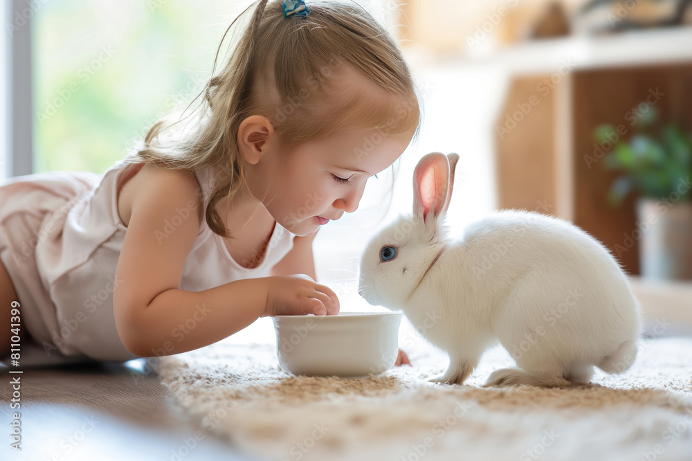 Adorable little girl playing with pet rabbit at home Adorable little girl playing with pet rabbit at home
