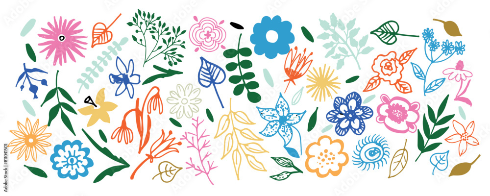 Hand drawn colored set of simple decorative floral elements. Colorful icons such as flowers, leaves, lines isolated on white background.