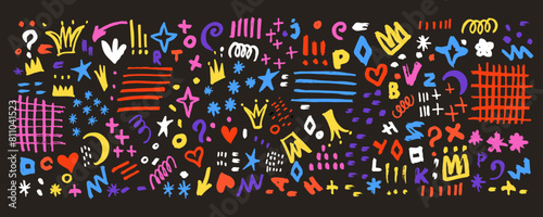 Doodle cute glitter pen line elements. Doodle heart, crown, arrow, star, sparkle decoration symbol set icon. Simple sketch line style emphasis, attention, pattern elements. Vector illustration.