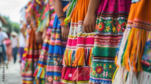 Traditional attire from different regions featuring vibrant handcrafted skirts adorned with embroidered stripes and symbols is worn during the Corpus Christi procession