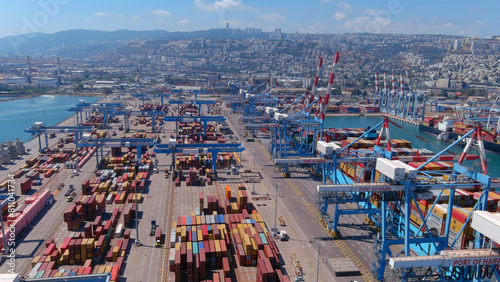 Bild auf Leinwand Busy Haifa port cranes containers, aerial view
Drone view over cranes and cargo