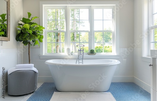 Modern bathroom with a freestanding bathtub  white walls and blue mosaic tiles on the floor  white windows with natural light