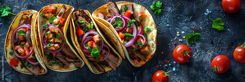 Fresh Beef brisket tacos with pickled onions and cilantro, realistic food banner, top view with copy space