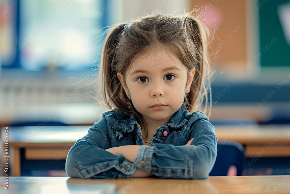 earnest expression, a small elementary school girl sits poised at her desk in the classroom, looking directly at the camera with a sense of confidence and eagerness, symbolizing th earnest expression, a small elementary school girl sits poised at her desk in the classroom, looking directly at the camera with a sense of confidence and eagerness, symbolizing th