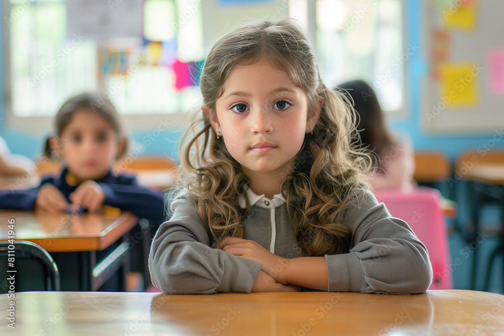earnest expression, a small elementary school girl sits poised at her desk in the classroom, looking directly at the camera with a sense of confidence and eagerness, symbolizing th earnest expression, a small elementary school girl sits poised at her desk in the classroom, looking directly at the camera with a sense of confidence and eagerness, symbolizing th