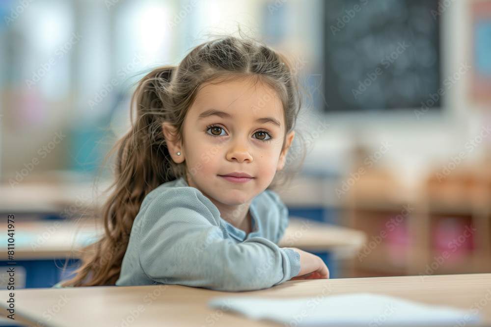 focused portrait of young elementary school girl sitting at her desk in the classroom, her gaze directed towards the camera with a hint of curiosity and determination, reflecting t focused portrait of young elementary school girl sitting at her desk in the classroom, her gaze directed towards the camera with a hint of curiosity and determination, reflecting t