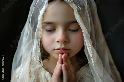 Young girl in her holy communion outfit with white veil, praying.