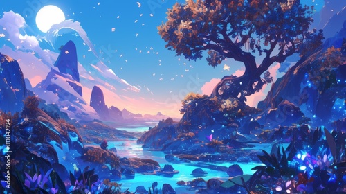 Fantasy landscape with mountains, trees and lake. Digital painting.