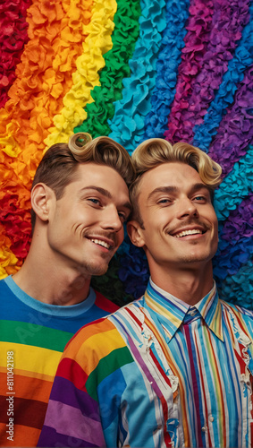 Portrait of a beautiful happy smiling gay couple on a pride themed background photo