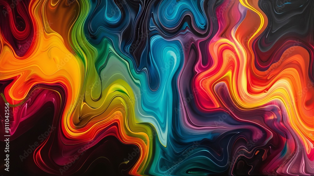 A vibrant abstract composition featuring swirling patterns of rainbow colors against a black background. 