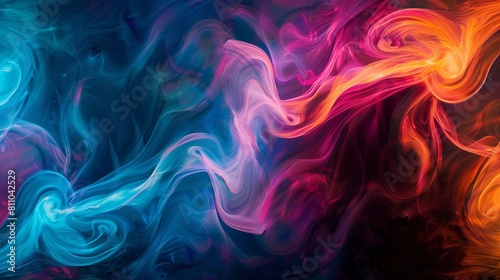 A vibrant abstract composition featuring swirling patterns of rainbow colors against a black background. 