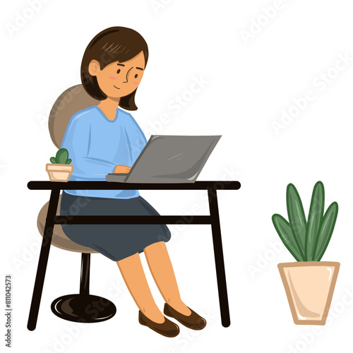 business woman working on laptop, vector art flat design 