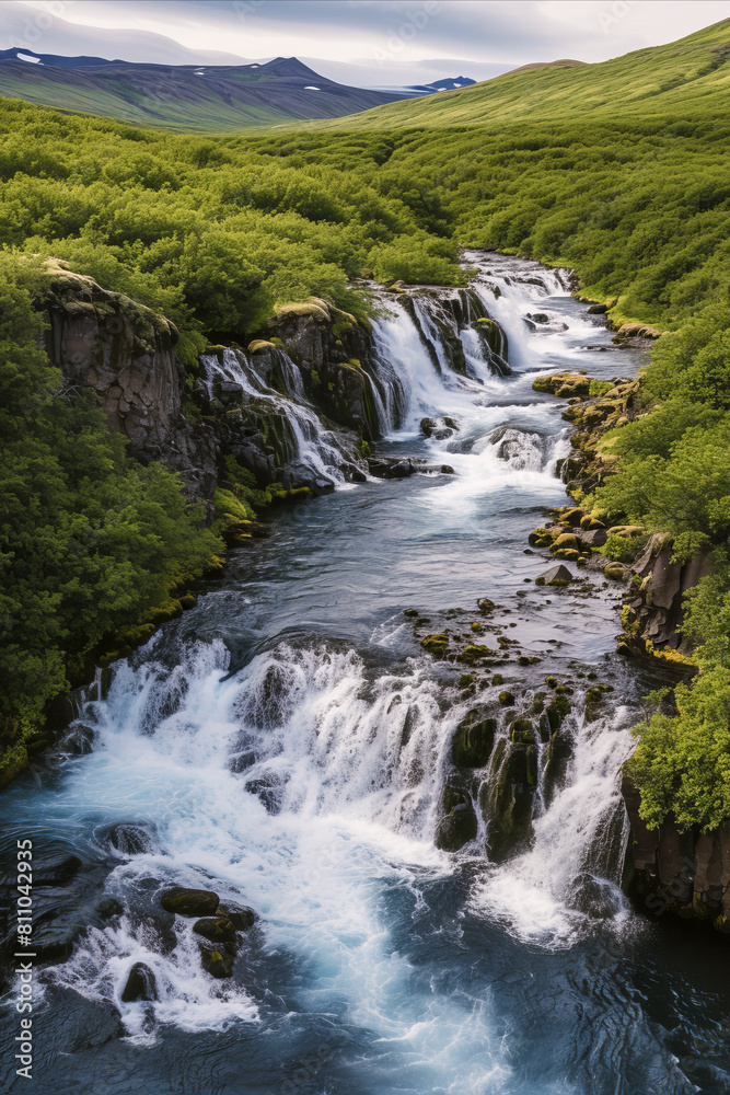 a scenic waterfall, lush greenery, rocky terrain, distant mountains, and a clear sky a scenic waterfall, lush greenery, rocky terrain, distant mountains, and a clear sky