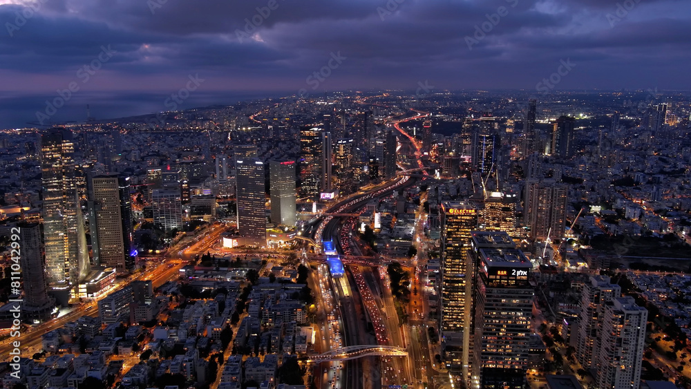 Tel aviv city skyscarpes and traffic at night, Aerial
Drone view from Tel aviv,June,26, 2023, 4K
