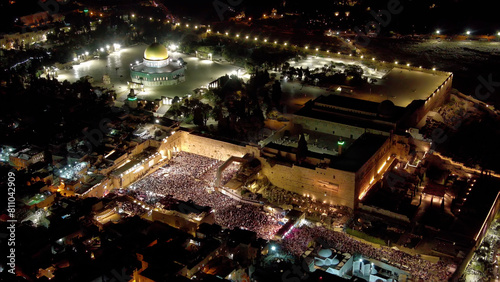 The western wall with thousnads of jewish prayers at night  aerial  Forgiveness Prayers at The Hebrew month of Elul  before yom kipur  drone view  September 2023 