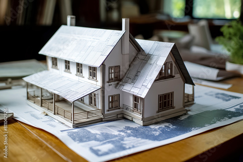 A detailed architectural model of a house on blueprints, surrounded by books and papers, suggesting a design workspace
