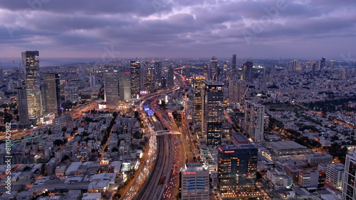 Tel aviv city skyscarpes and traffic at night, Aerial
Drone view from Tel aviv,June,26, 2023, 4K
